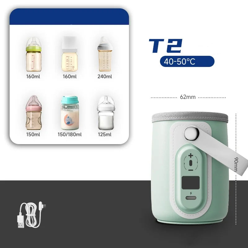 Portable bottle warmer next to various baby bottles showing compatibility from 125ml to 240ml. Features a digital display and USB plug. Dimensions are 62mm by 90mm. Temperature 40-50°C.