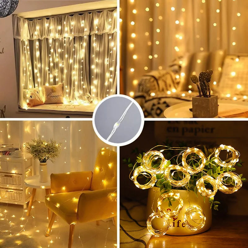 Collage of cozy home interiors with warm white string lights. Includes a window seat, living room, and an accent chair, creating a inviting and festive atmosphere.
