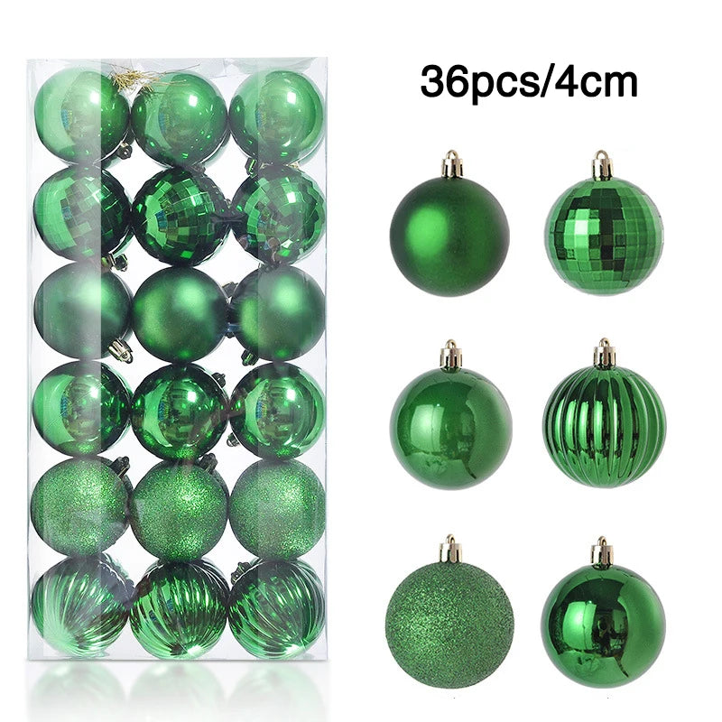 Box of 36 green Christmas baubles in various textures: shiny, matte, glitter, ridged, and faceted designs, each measuring 4cm.