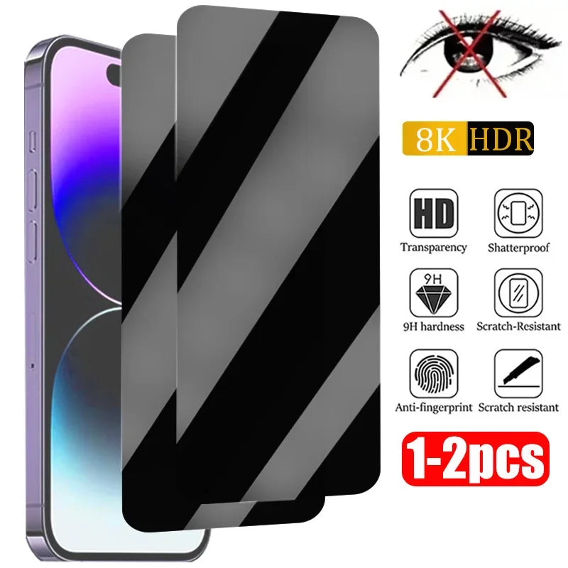 Smartphone with two screen protectors, featuring anti-spy privacy, 8K HDR, and 9H hardness. Icons highlight transparency, shatterproof, scratch-resistant, and anti-fingerprint features.