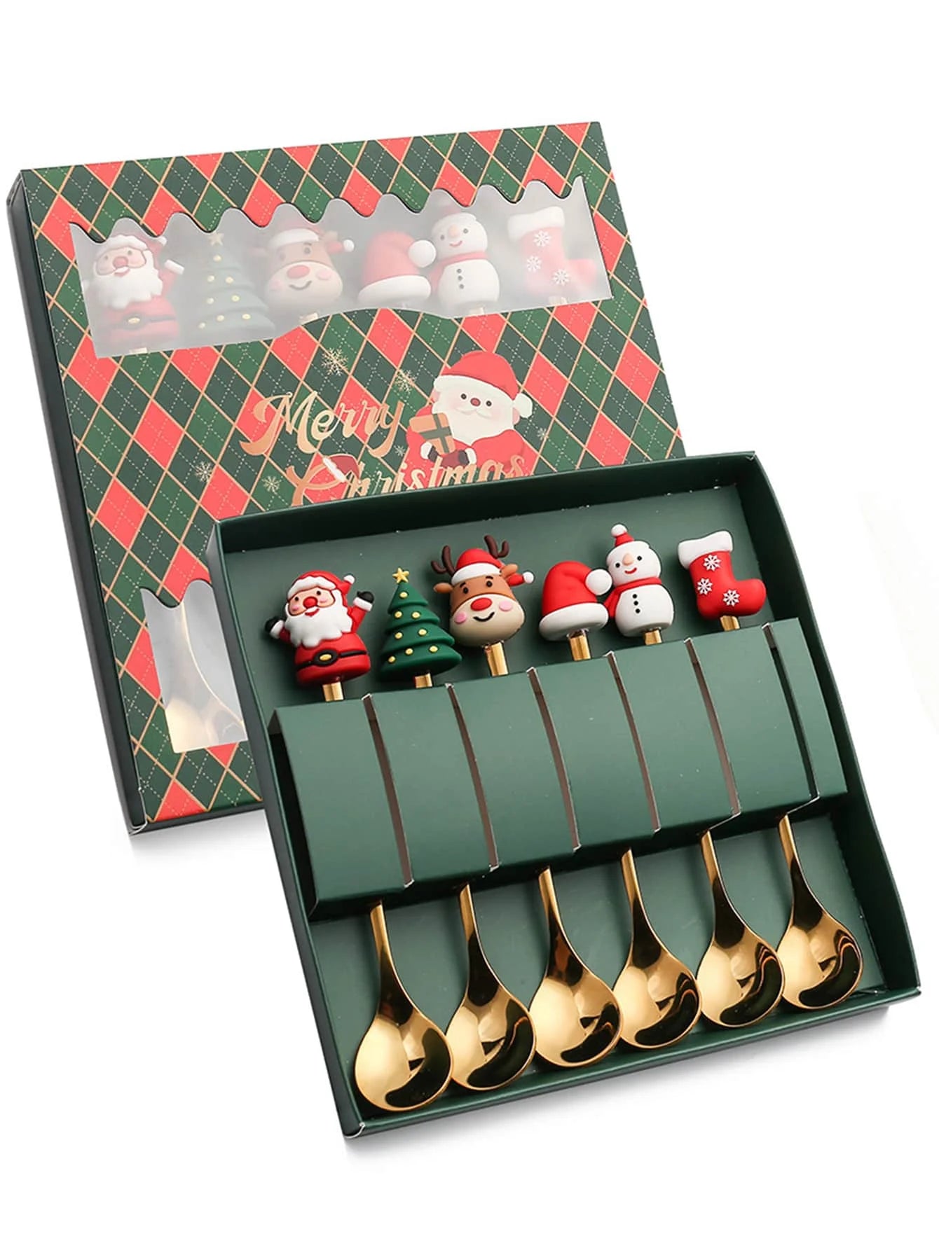 Set of six gold spoons with festive handles featuring Santa, reindeer, tree, snowman, and a stocking. Packaged in a decorative "Merry Christmas" box with a plaid design.