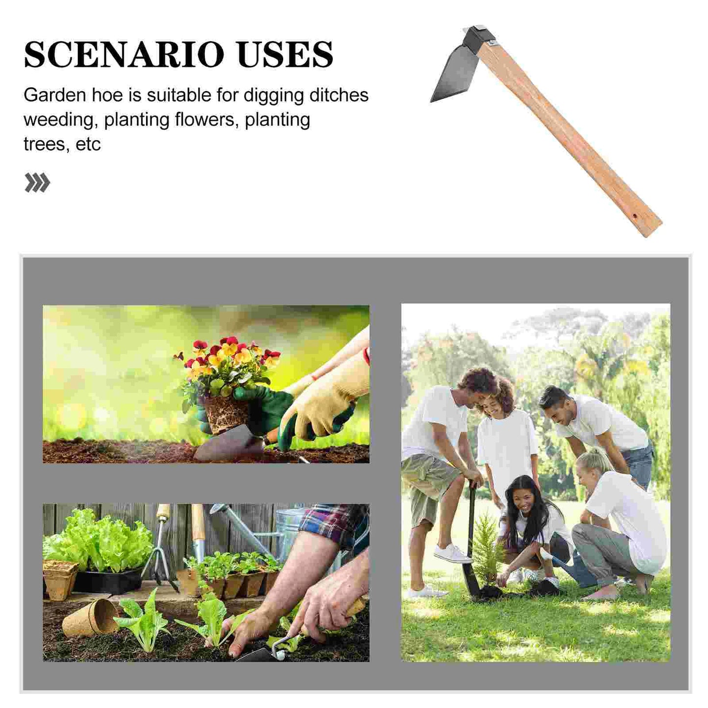 Collage showing a garden hoe, planting flowers, lettuce in pots, and a family planting a tree. Text highlights the hoe's uses for digging, weeding, and planting.