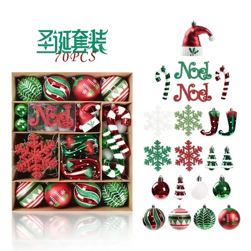 Box of 70 Christmas decorations in green, red, and white, including baubles, candy canes, snowflakes, ornaments reading "Noel," Santa hats, and elf shoes.