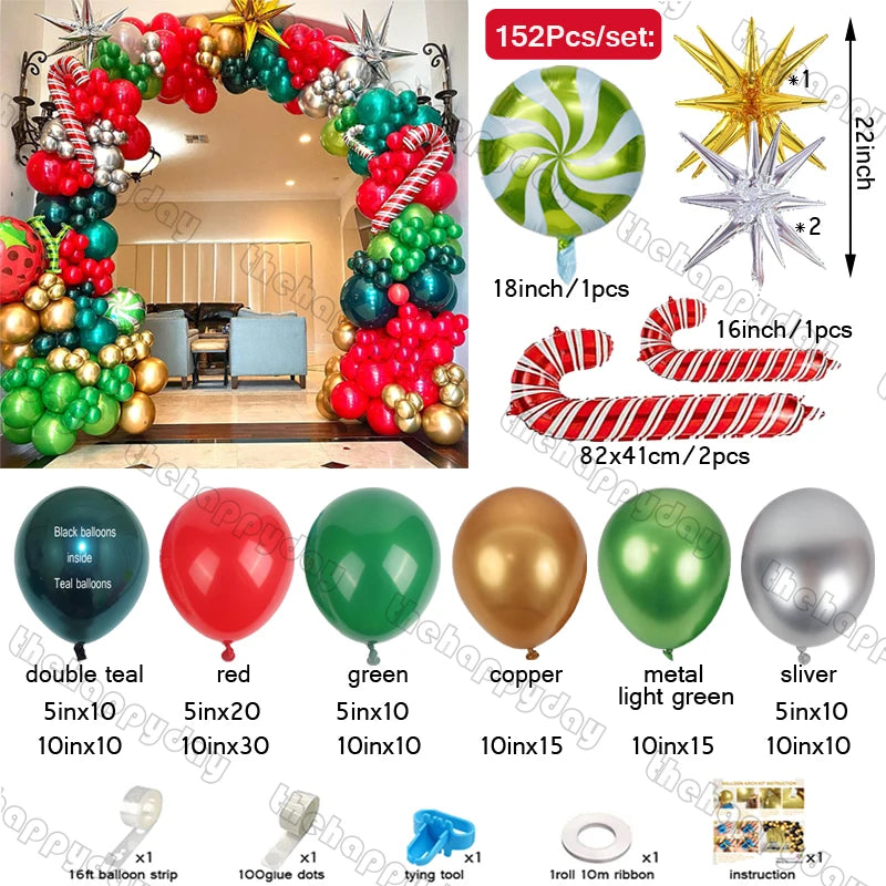 Balloon arch kit with red, green, gold, and silver balloons, candy cane foil, and starburst designs. Includes 152 pieces: balloons, tying tools, ribbon, and instructions.