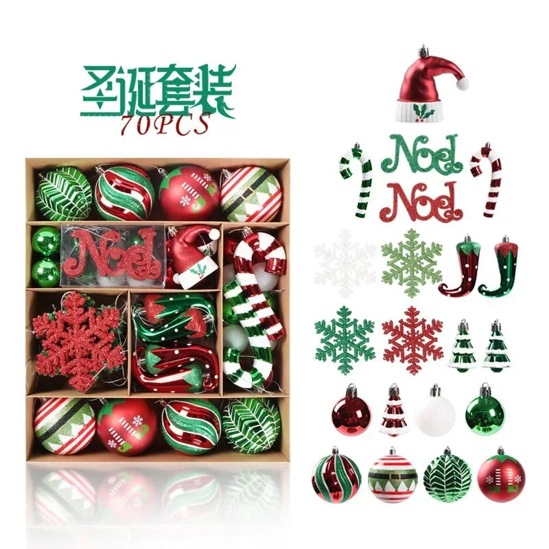 A box containing 70 Christmas decorations in red, green, and white, including baubles, candy canes, snowflakes, and "Noel" signs. Items are festive and glittery.