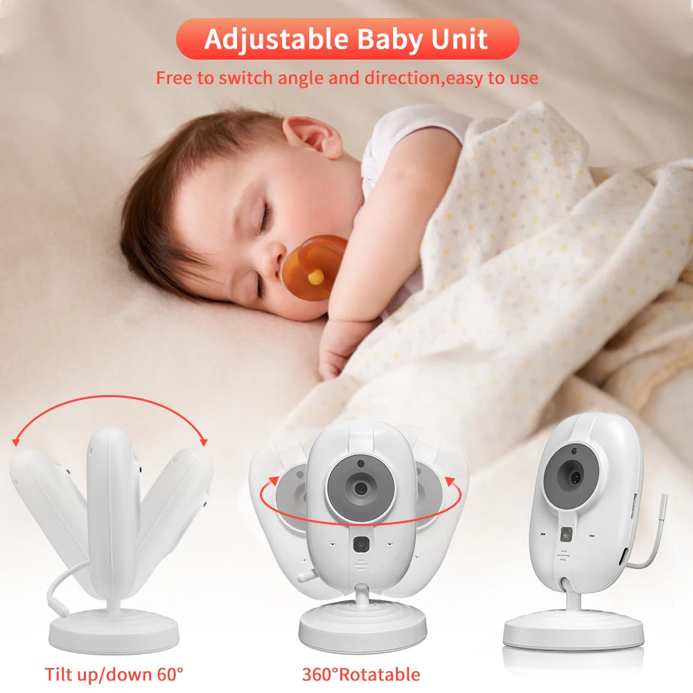 A sleeping baby with a pacifier is covered by a polka-dot blanket. Below, an adjustable baby monitor camera is shown with features like tilt up/down 60° and 360° rotatable.