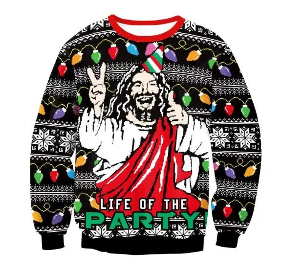 Ugly Christmas sweater featuring a joyful bearded figure in a red robe, holding a peace sign and thumbs up. The text reads "Life of the Party" on a festive light pattern.
