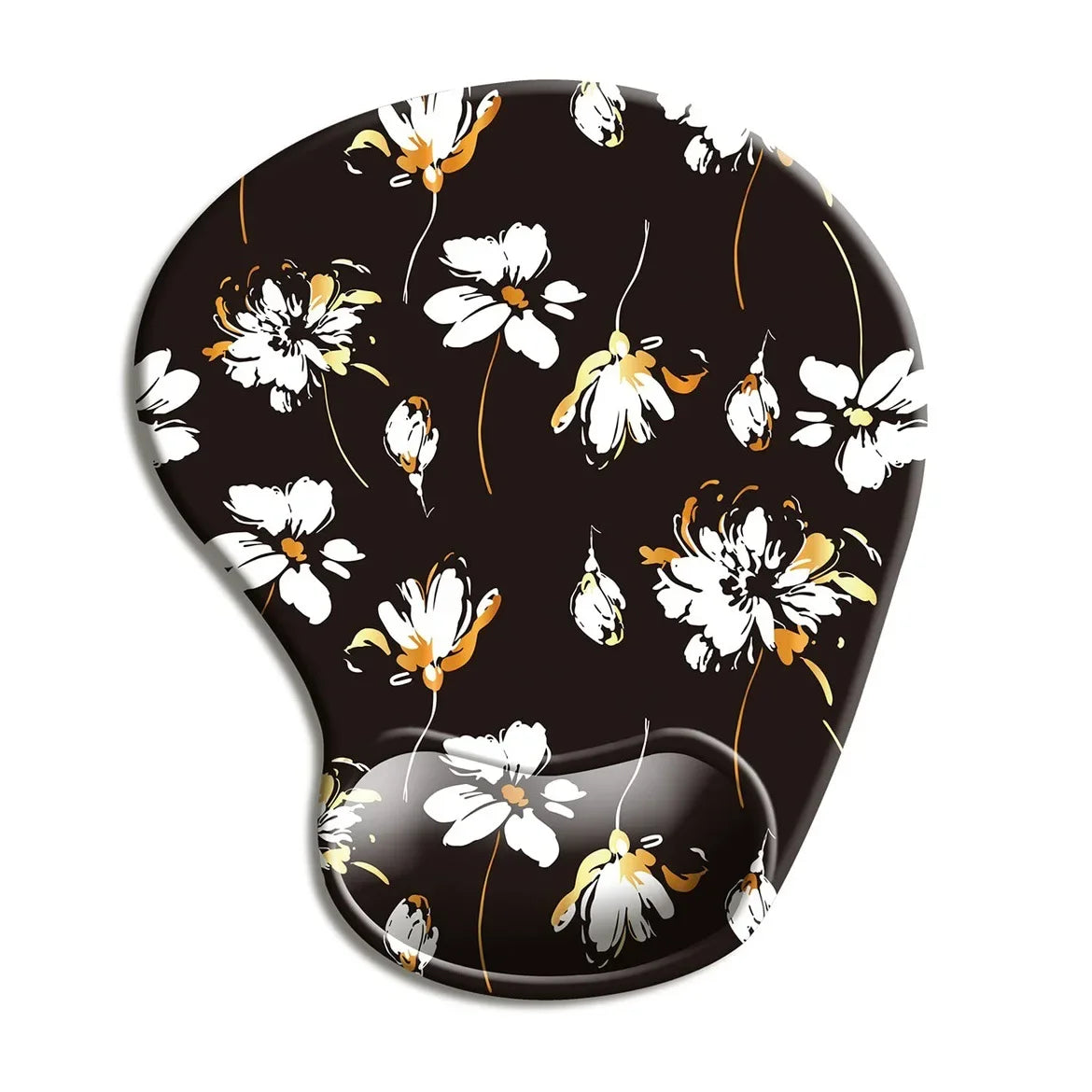 Ergonomic mouse pad with wrist support featuring a black background and white and yellow floral pattern, providing comfort and style for computer use.