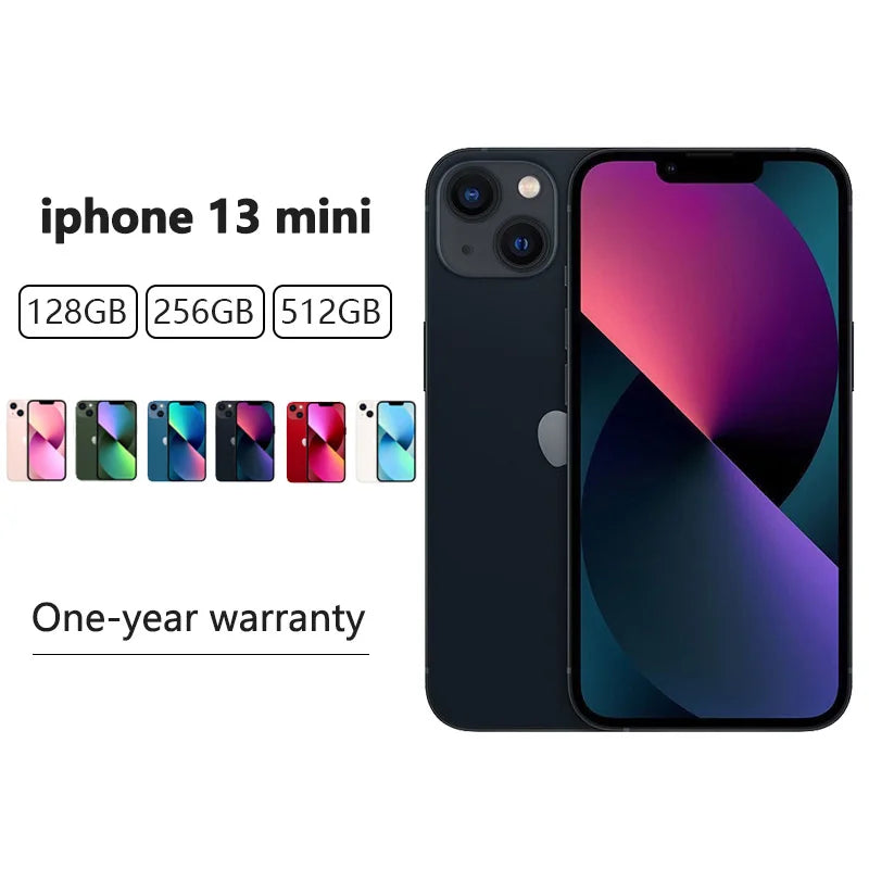 Image of iPhone 13 Mini in black, showcasing front and back. Available storage options: 128GB, 256GB, 512GB. Multiple colors displayed. Includes one-year warranty.