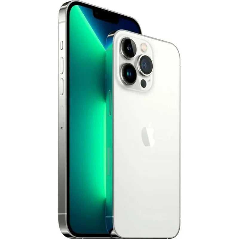 A sleek smartphone with a silver frame, large screen displaying a green gradient, and a triple-camera setup on the back. The device features a minimalist design.