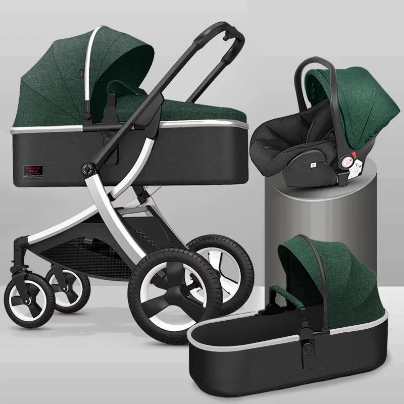 Green and black modular stroller system with bassinet, car seat, and detachable seat on display. Features large wheels, adjustable handle, and a modern design.