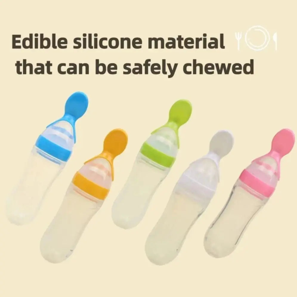 Five baby feeding bottles with colorful silicone spoons in blue, orange, green, white, and pink. Text reads: "Edible silicone material that can be safely chewed."