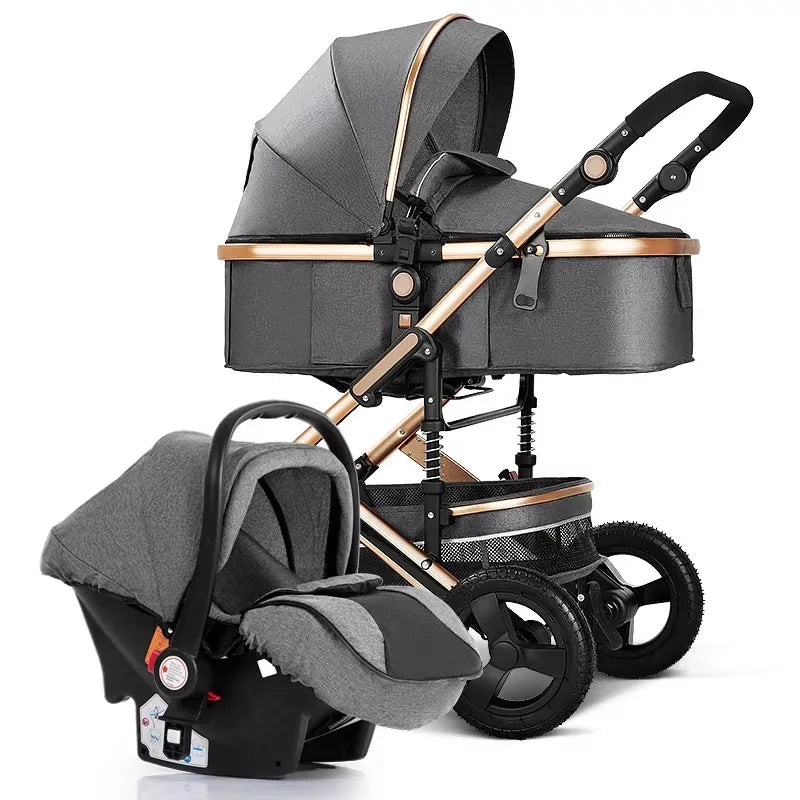 Gray luxury stroller and car seat set with black wheels and gold accents. The stroller features an adjustable handlebar, canopy, and storage basket. The car seat is plush and cozy.
