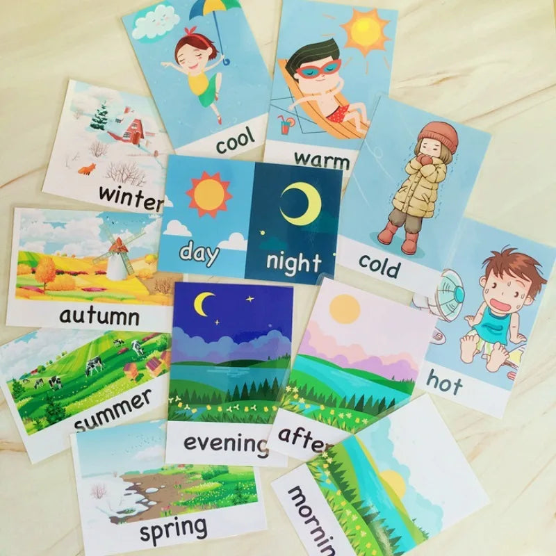 Educational cards displaying different seasons, weather conditions, and times of day, including images labeled winter, summer, day, night, cool, warm, cold, and hot.
