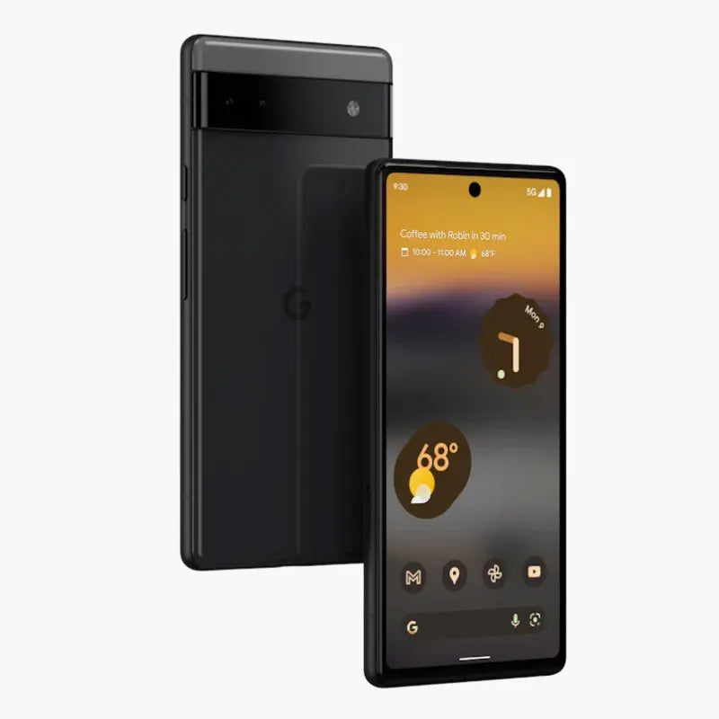 Black smartphone with a sleek design, front screen displaying weather at 68°F, and a meeting reminder. The rear has a horizontal camera bar.