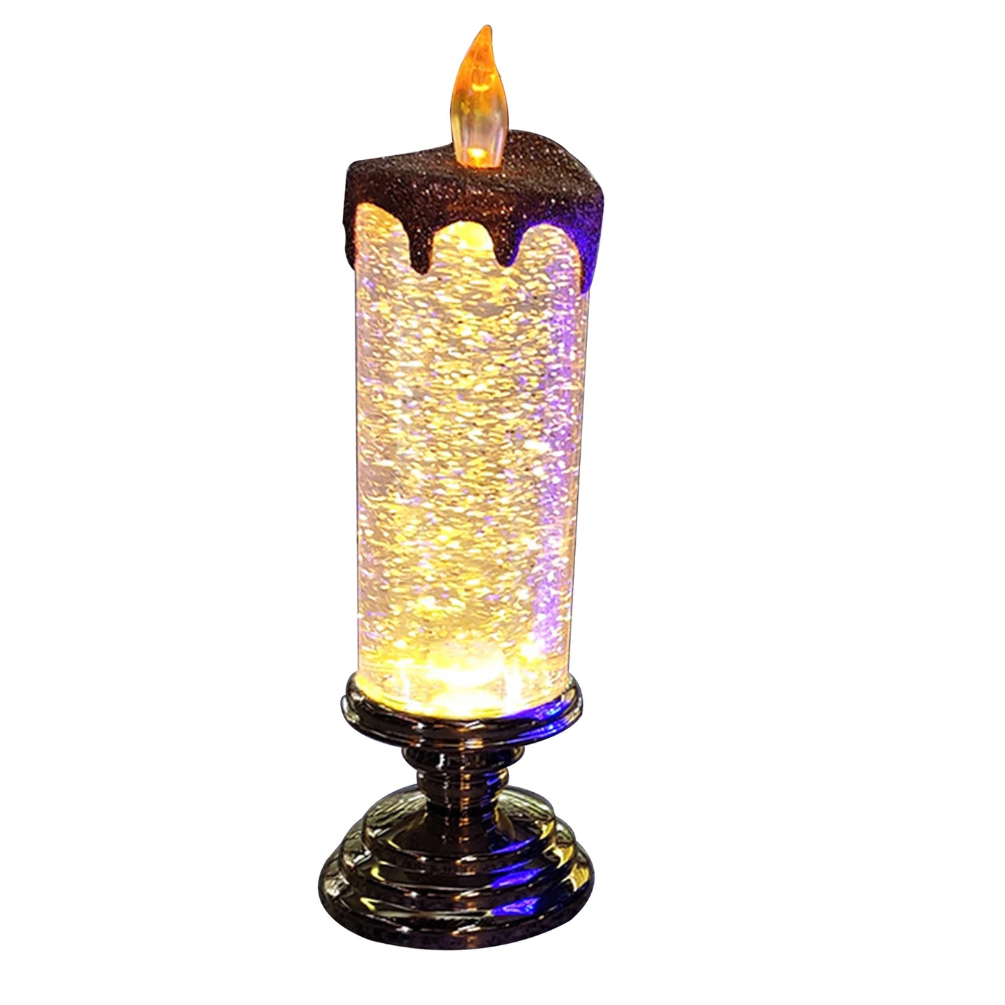 LED candle with a black base and glittery transparent body, topped with a faux melting wax design and flame. The candle emits a warm glow with shimmering particles inside.