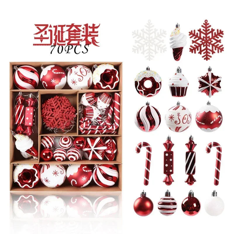 A box set of 70 red and white Christmas tree ornaments featuring baubles, candy canes, snowflakes, and treat-shaped designs, displayed in and outside the box.