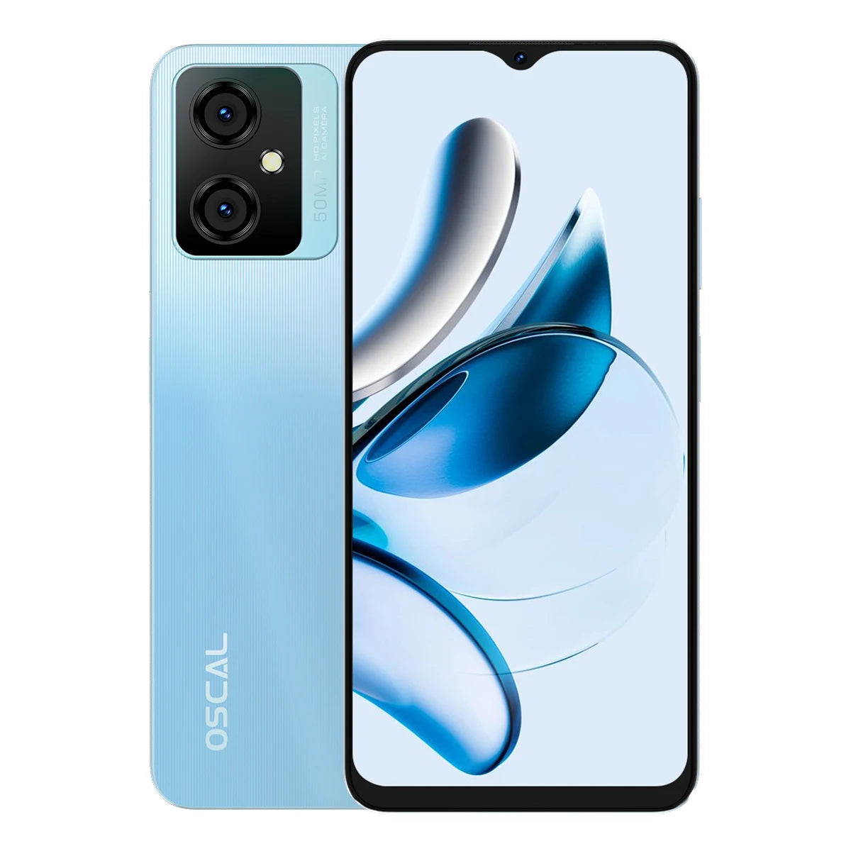 Blue smartphone with dual rear cameras and a flash, featuring a sleek design. The display shows abstract blue and white shapes. Brand name "Oscal" is visible.
