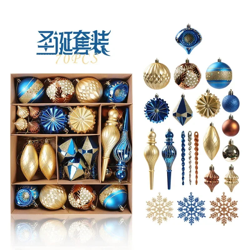 Box of 70 blue and gold Christmas ornaments, including various shapes like spheres, stars, and icicle-like designs, with additional ornaments displayed alongside.