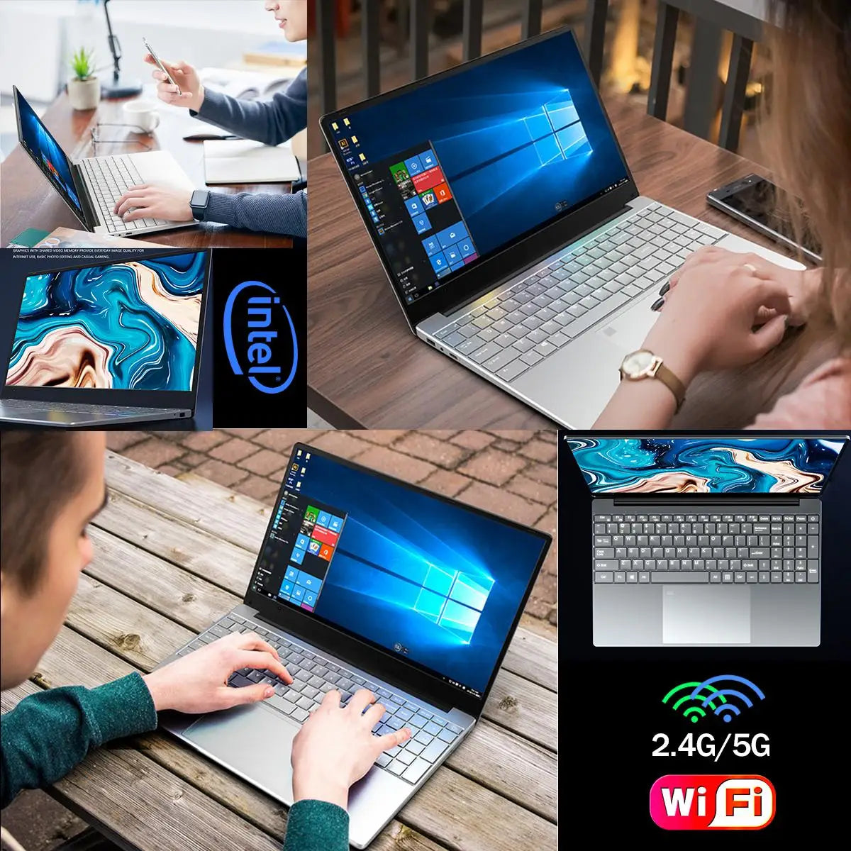 Collage of laptops with Windows OS, one with blue marble design, and Intel logo. People using laptops at tables. Wi-Fi 2.4G/5G icon in the bottom right.