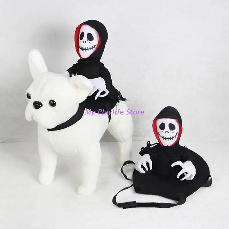 Stuffed toy of a white dog with a plush Grim Reaper riding it. Another Grim Reaper is seated beside the dog. Both have black cloaks and white skull faces.
