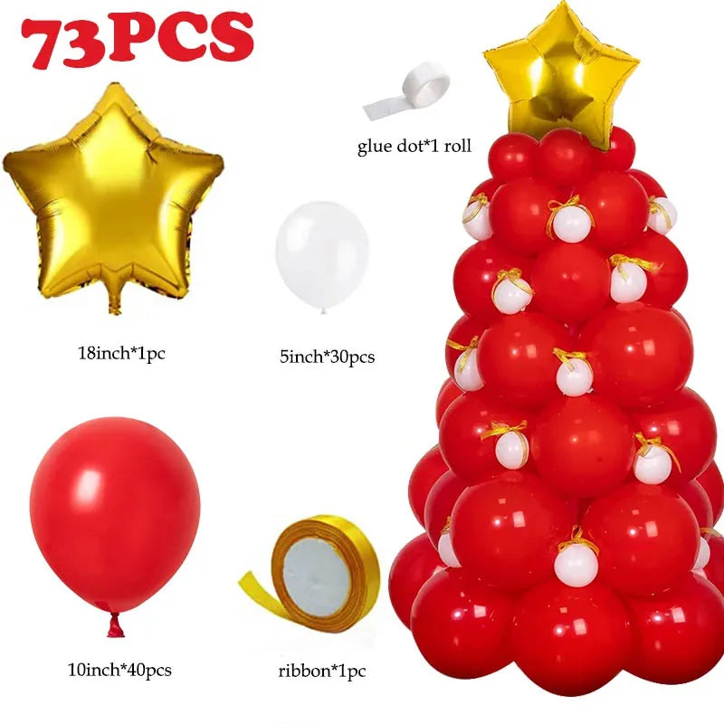 Balloon Christmas tree kit with 73 pieces, including a gold star balloon topper, red and white balloons, glue dots, and yellow ribbon.