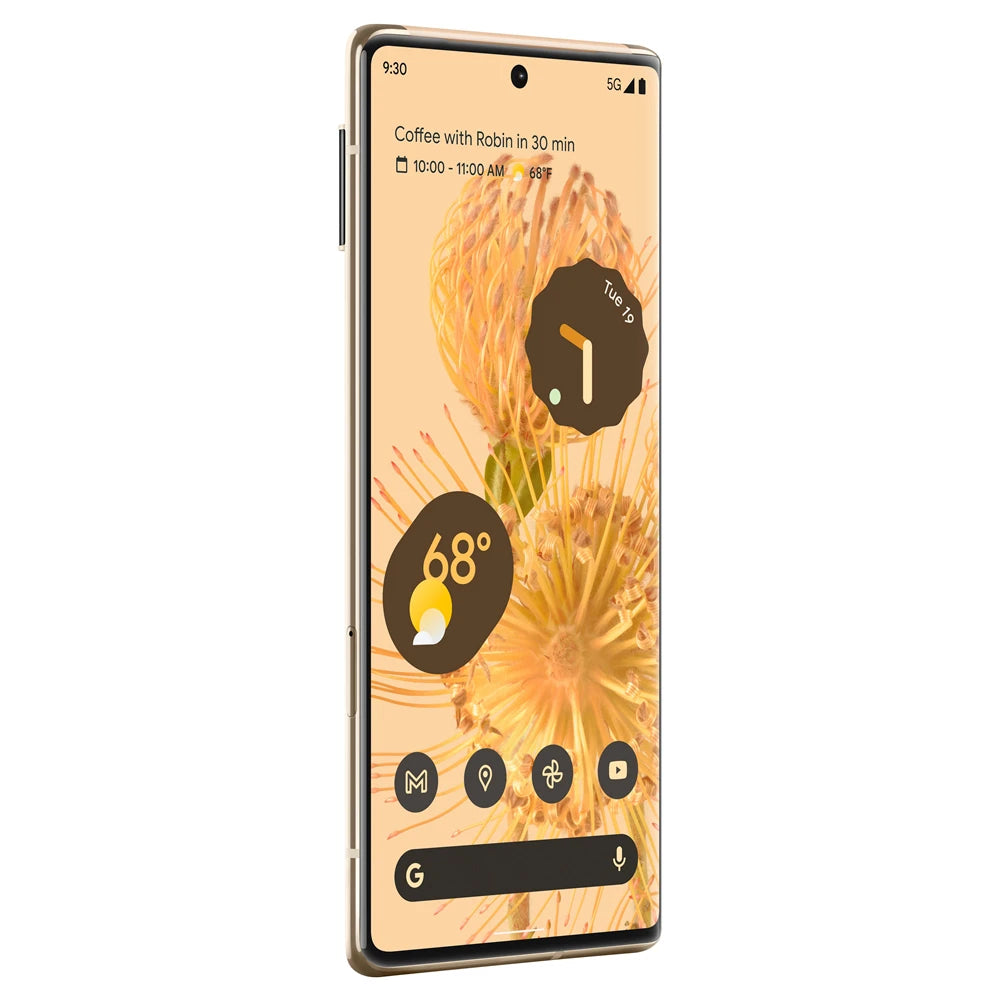 Side view of a smartphone displaying a floral wallpaper with widgets: a calendar event, weather showing 68°F, date as 9th, and various app icons at the bottom.