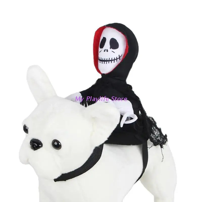 A plush toy skeleton in a black hooded cloak rides a large white dog stuffed toy, creating a whimsical and slightly spooky scene.
