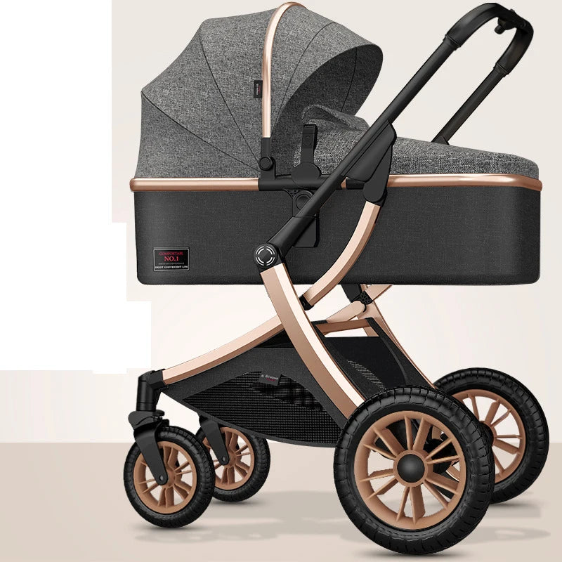 Stylish baby stroller with a textured gray fabric bassinet, rose gold frame, and four black wheels. It features an adjustable handle and a storage basket underneath.