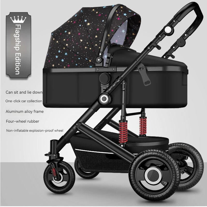 Black baby stroller with star-patterned canopy. It features an aluminum alloy frame, four rubber wheels, and red suspension springs. Includes text: "Flagship Edition" and product highlights.