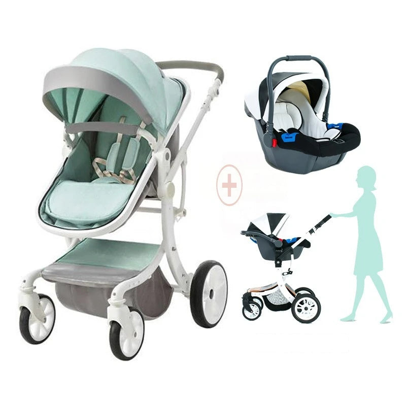 Mint green baby stroller with canopy and a detachable car seat. Silhouette of a person pushing a stroller, car seat fits onto stroller frame.