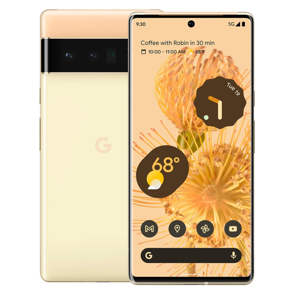 Beige smartphone with a floral wallpaper on the screen, displaying a 68°F weather widget, a notification for coffee with Robin, and several app icons against the backdrop.