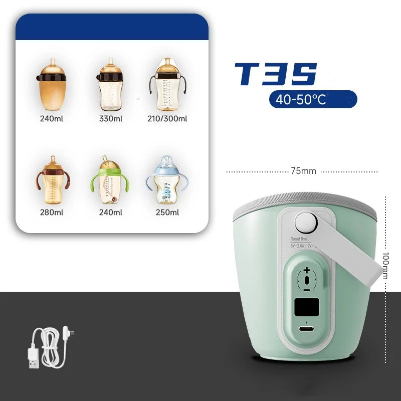 Green bottle warmer next to various baby bottles (210-330ml); labeled temperature range 40-50°C. Device is 75mm wide, 100mm tall, includes a USB cable.