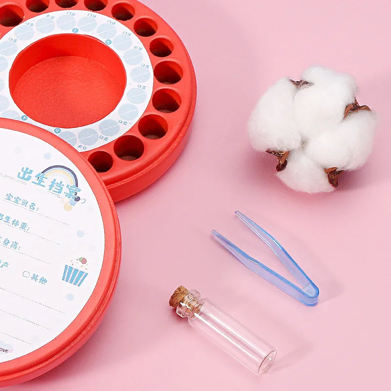 Red circular container with numbered slots, a cotton boll, blue tweezers, and a small corked glass vial on a pink background. A label with text is partially visible.
