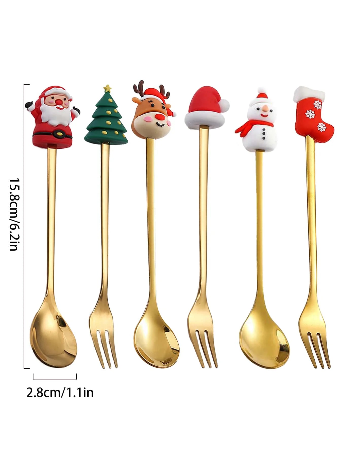 Set of six gold utensils with festive tops: Santa, tree, reindeer, Santa hat, snowman, and stocking. Each is 15.8 cm tall and combines a spoon with a fork.