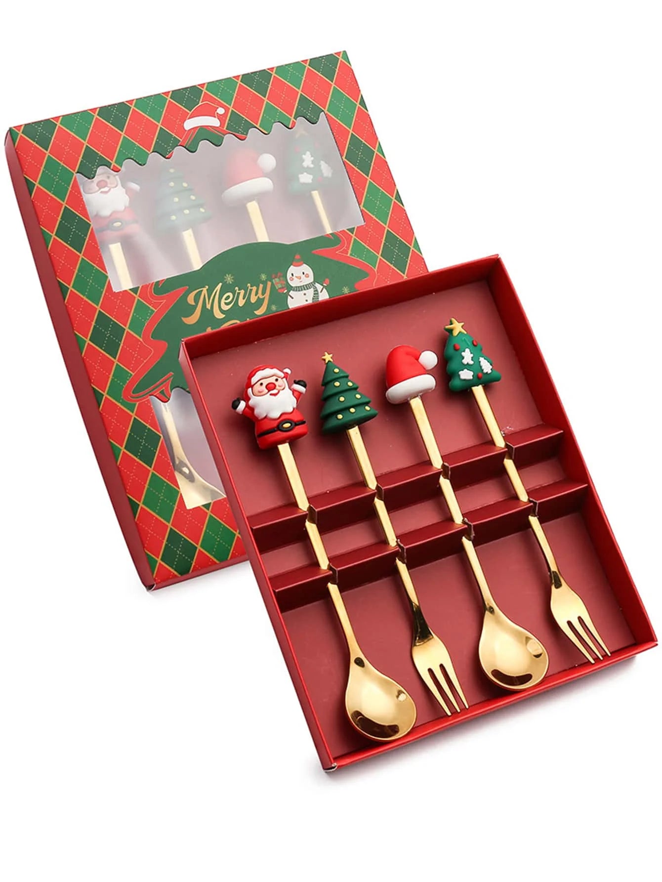 Festive cutlery set with gold spoons and forks, featuring Christmas-themed handles—Santa, hat, and trees—in a red and green holiday box with "Merry" on the front.