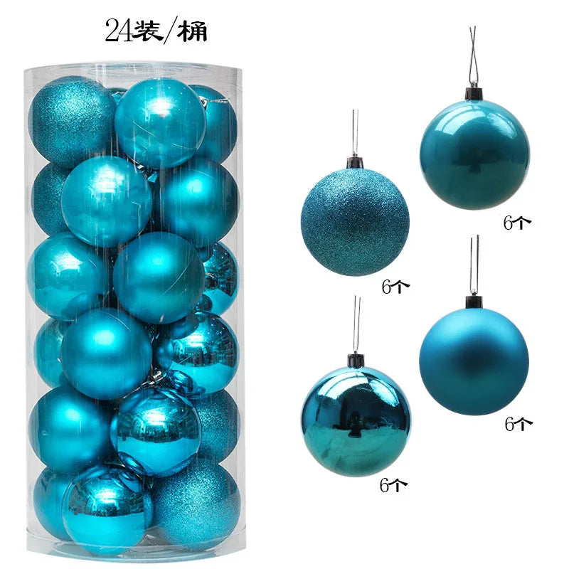 Clear plastic container with 24 turquoise Christmas ornaments, including shiny, matte, and glittery finishes. Four individual designs are shown separately with hangers.