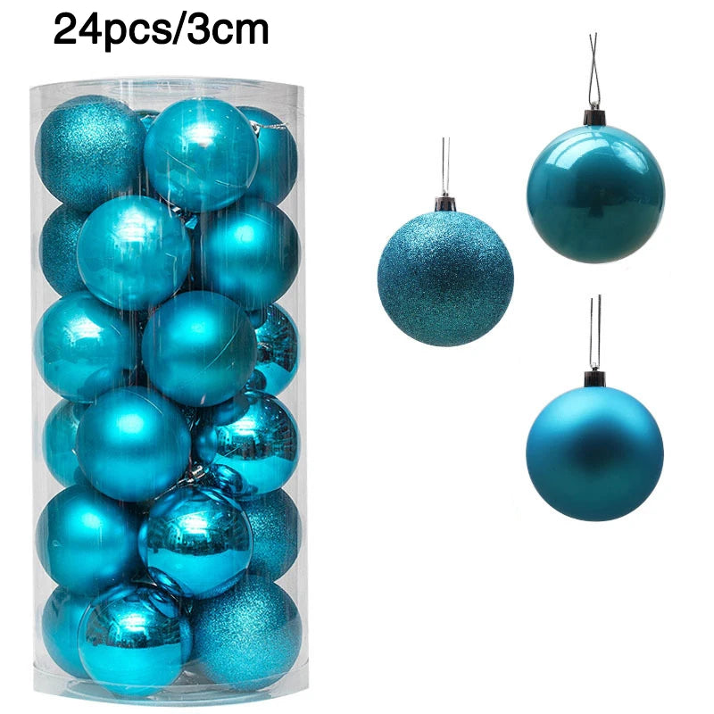 A set of 24 turquoise Christmas ornaments, 3cm each, in assorted finishes: glittery, matte, and shiny. Displayed in a clear cylindrical container with three ornaments shown separately.