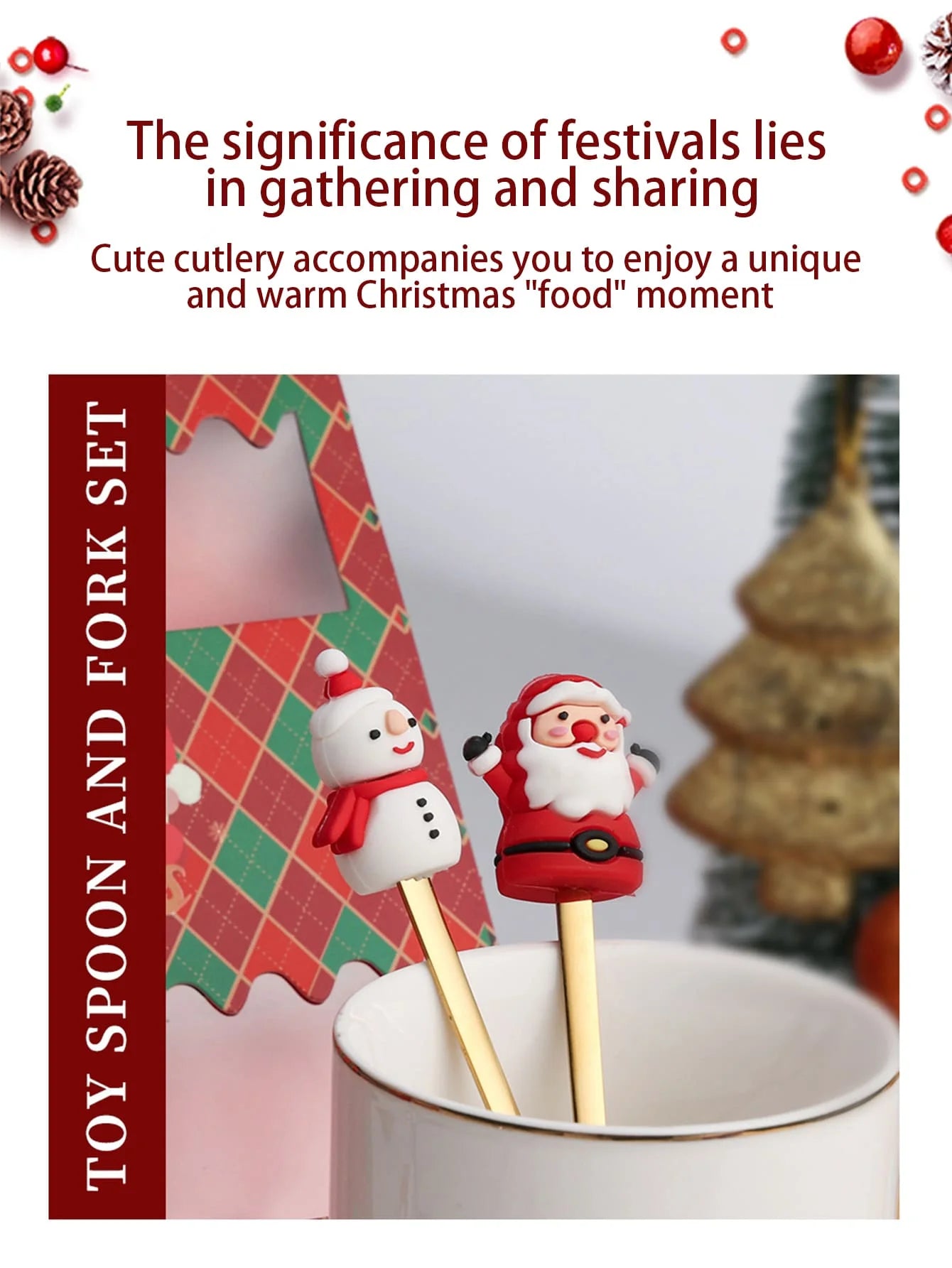 Christmas-themed toy spoon and fork set featuring snowman and Santa designs in a cup. Text highlights the joy of gathering and sharing during the festive season.
