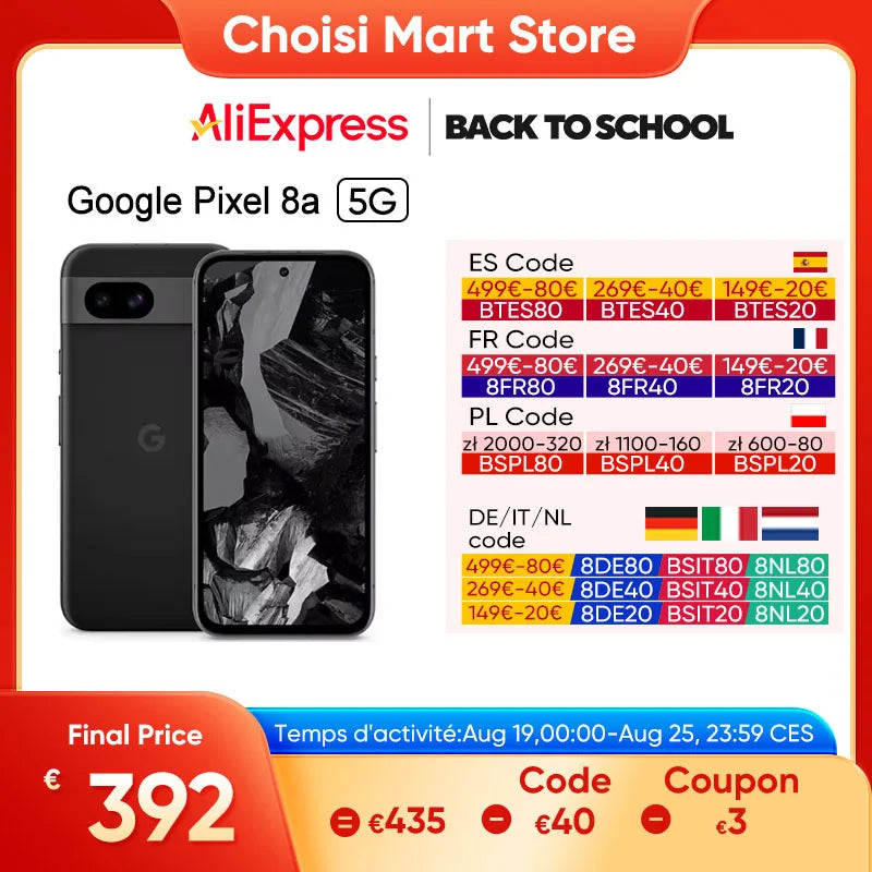Promo image for Google Pixel 8a 5G at Choisi Mart Store on AliExpress. Back-to-school discounts with region-specific codes are shown. Final price is €392, valid August 19-25.