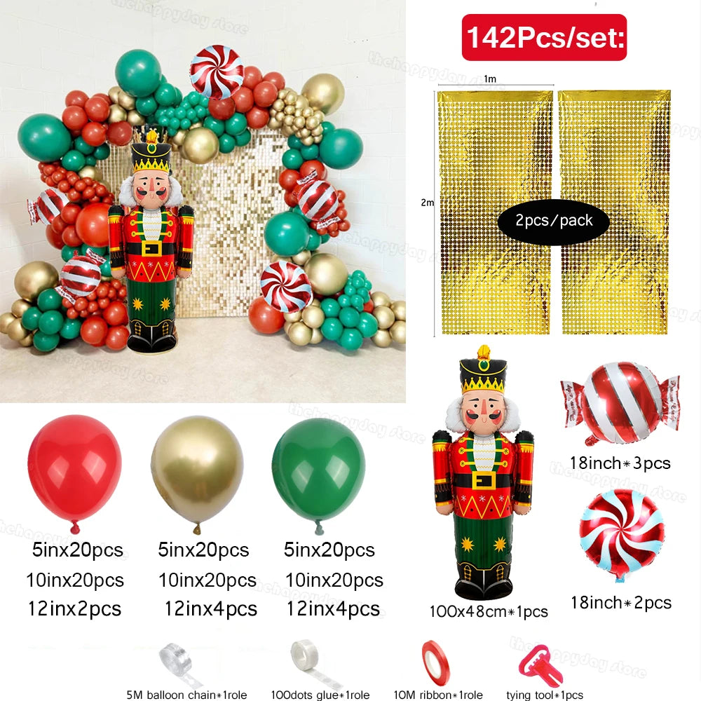 Nutcracker-themed balloon set, featuring a nutcracker figure, colorful balloons, and candy-shaped balloons. Includes gold fringe curtains and accessories for assembly. Total 142 pieces.
