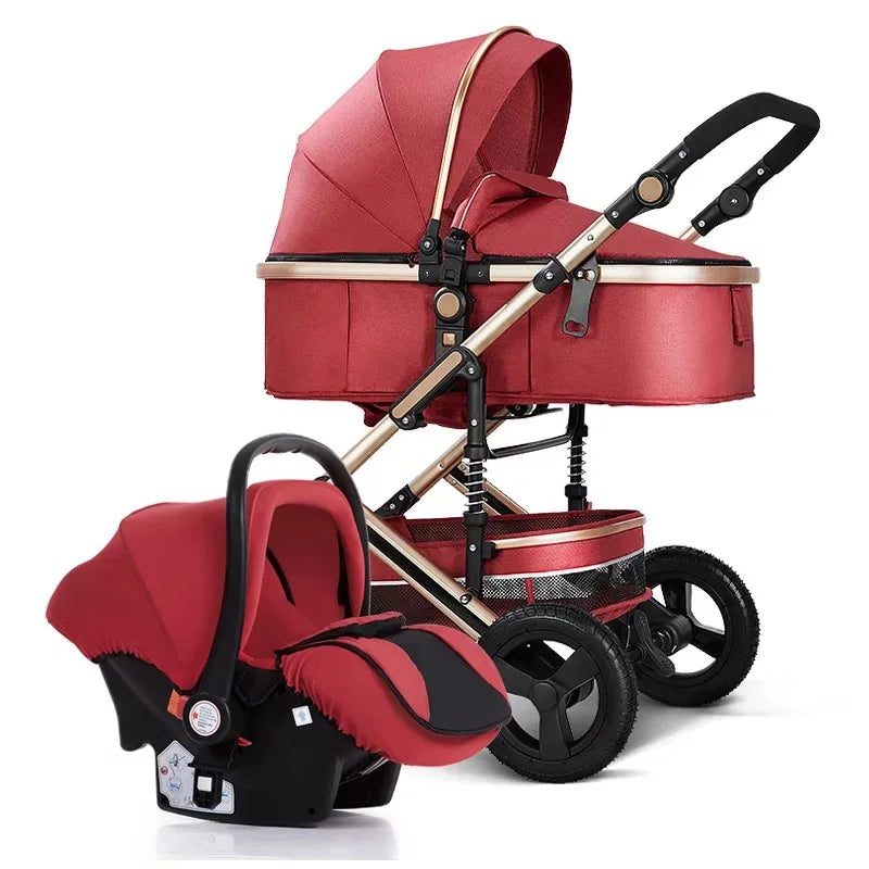 Red baby stroller with black accents, featuring a detachable bassinet and matching car seat. The stroller has large wheels and an adjustable handle.