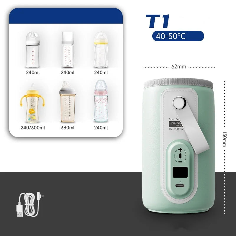 Portable bottle warmer in mint green with digital display, fits various bottle sizes from 240ml to 330ml. Includes USB cable. Dimensions: 62mm wide, 130mm tall. Temperature: 40-50°C.