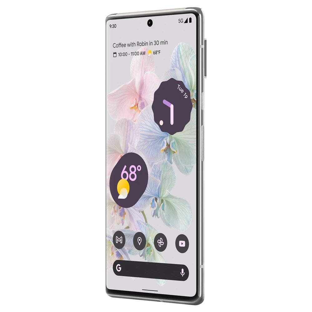 Smartphone displaying colorful floral wallpaper and widgets, including weather (68°F, sunny), time (9:30), and calendar reminder for coffee at 10 AM.