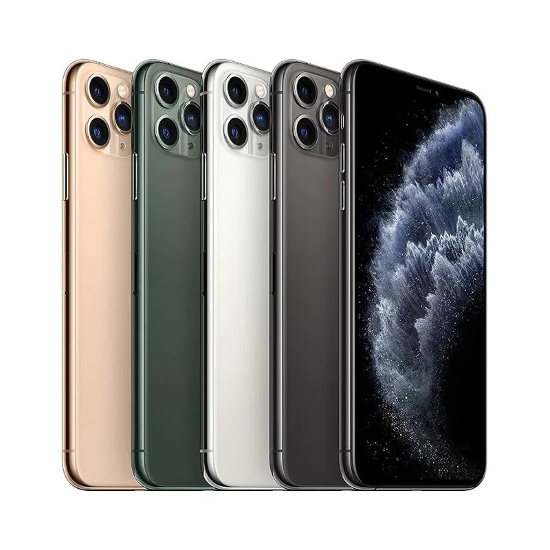 Four smartphones in different colors—gold, green, silver, and black—are shown from the back and side. Each features a triple-camera setup and sleek design.