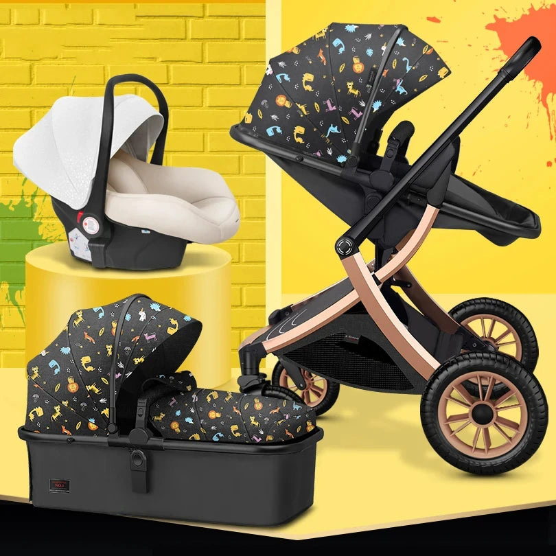 Three-piece baby travel system set against a colorful background. Includes a car seat with white cover, a bassinet, and a stroller, all with matching playful patterns.