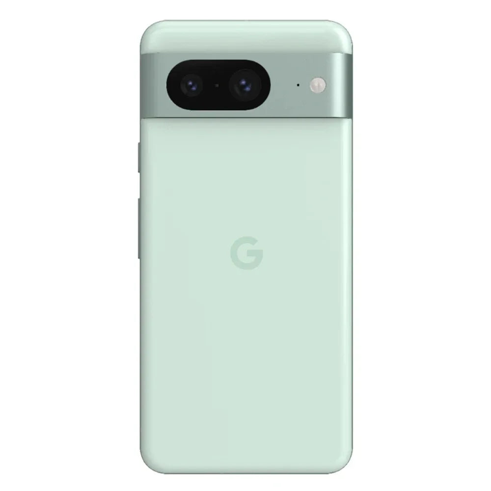 Mint green smartphone with a dual-lens camera and flash in a horizontal bar at the top. The phone features a sleek design and a centered brand logo on the back.