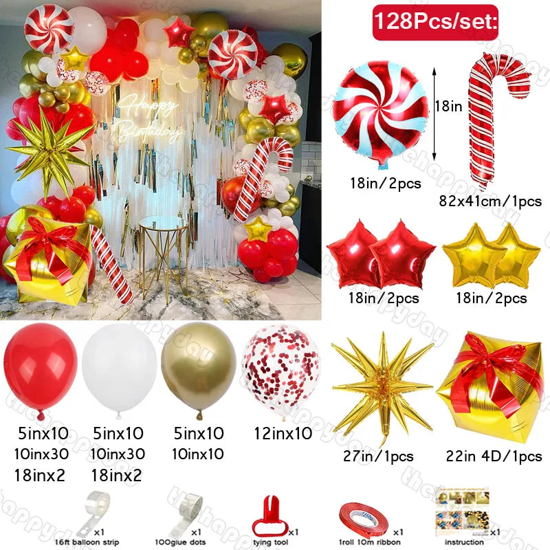 A festive balloon decoration set with red, gold, and white balloons, including peppermint, candy cane shapes, stars, and a "Happy Birthday" backdrop, totaling 128 pieces.
