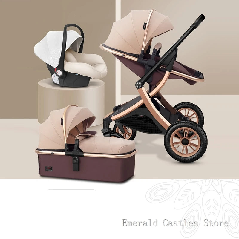 Elegant beige stroller set with car seat, bassinet, and stroller in a modern display. The design features black and rose gold accents, suitable for infants.