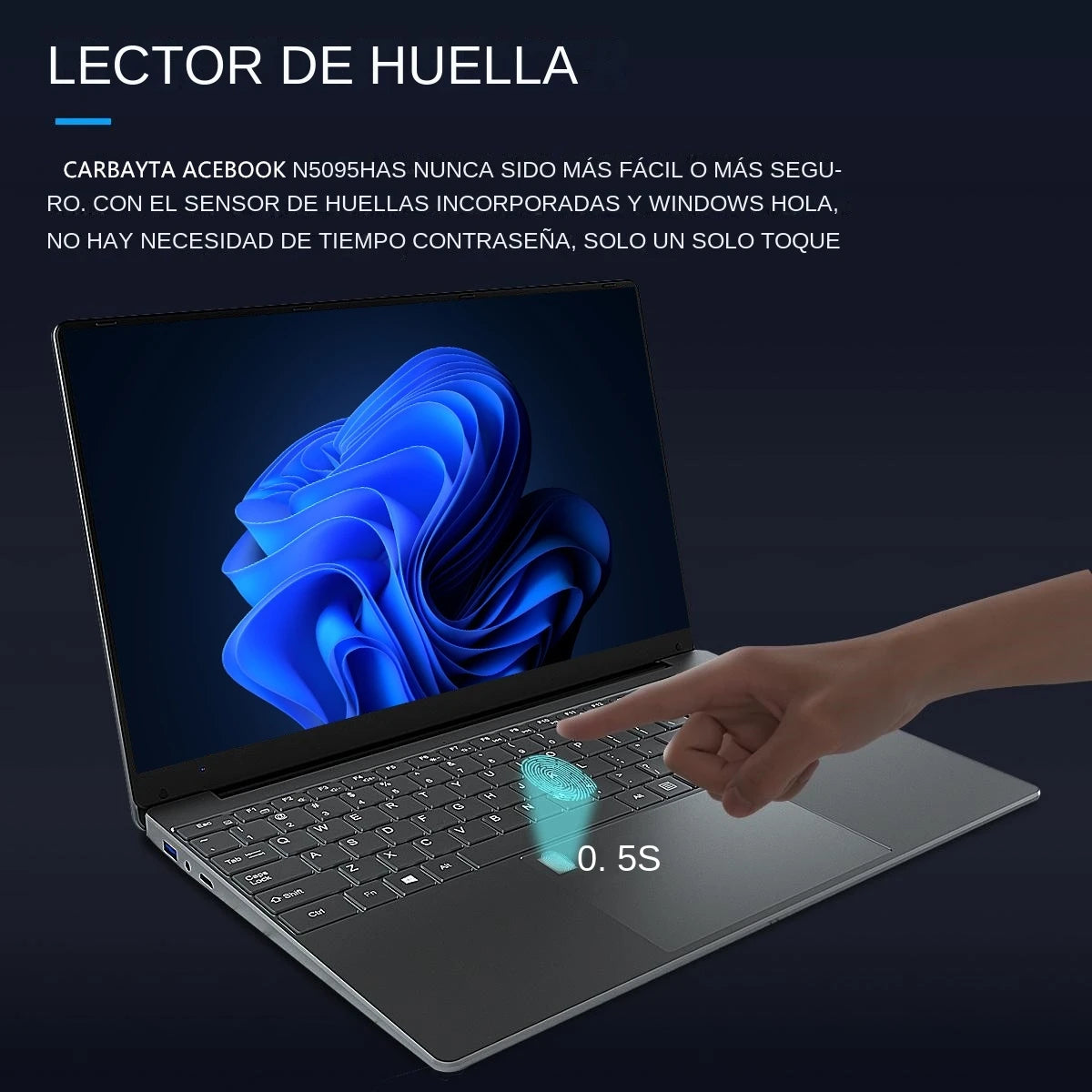 Laptop with a fingerprint scanner on the keyboard, displaying a blue abstract design on the screen. Text highlights quick unlocking in 0.5 seconds with a single touch.
